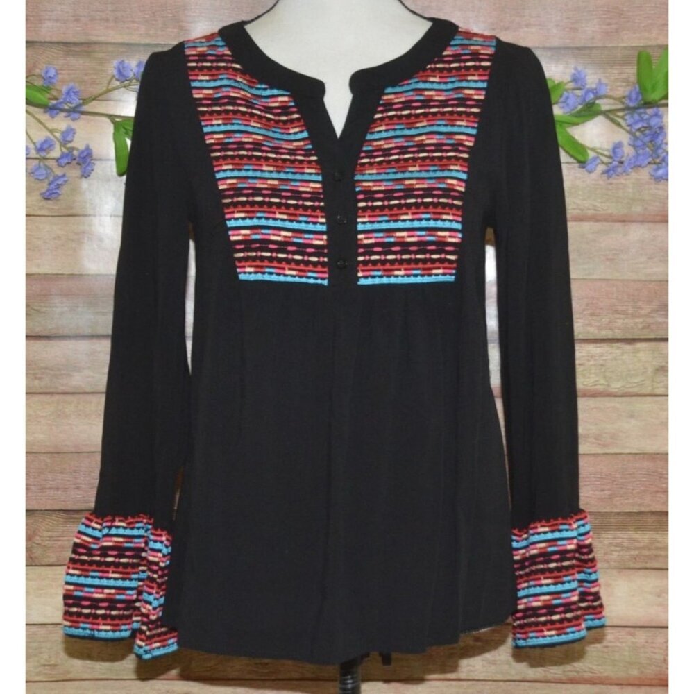 ANDREE BY UNIT Black Blouse with Multicolor Embroidered Yoke and Cuffs